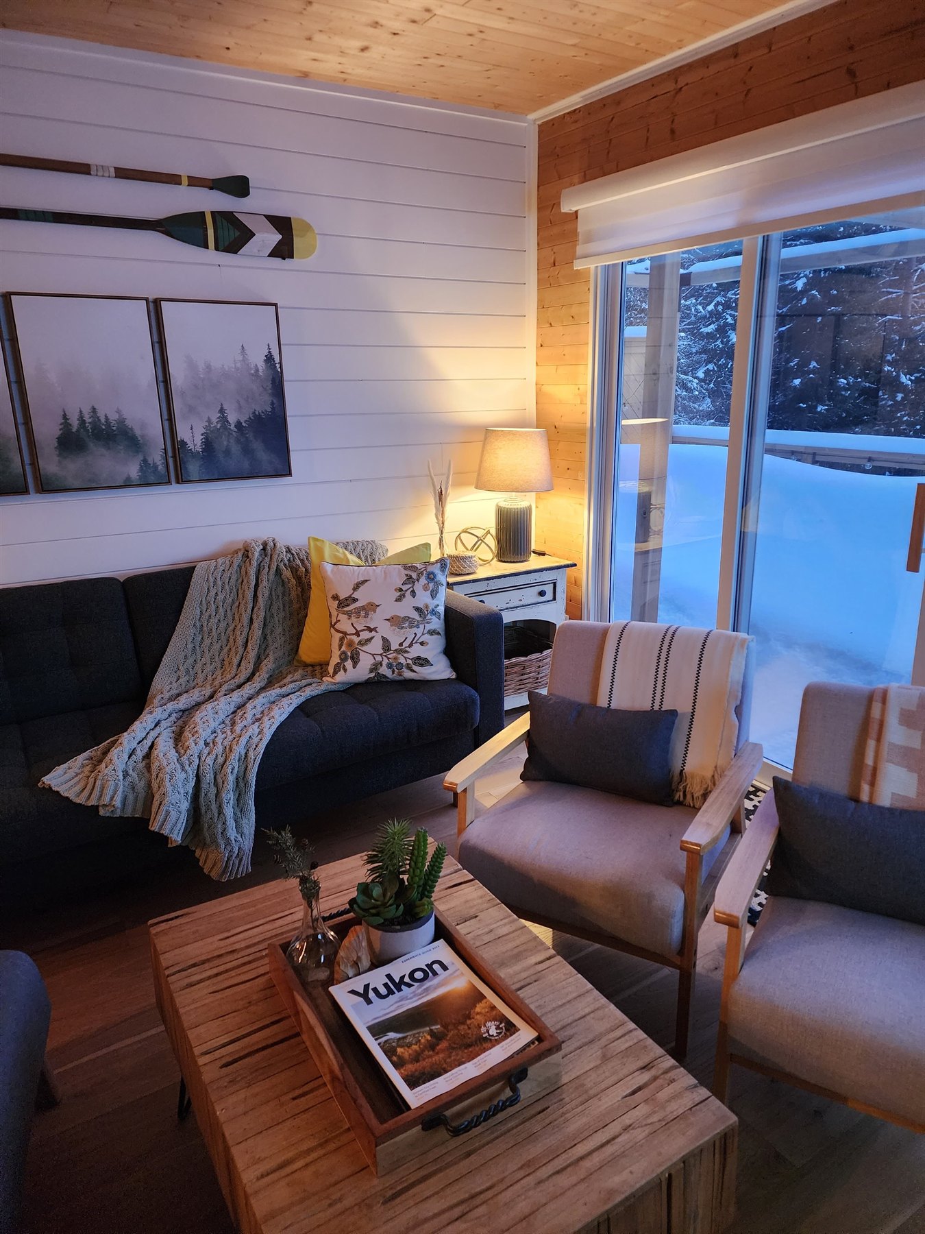 Living room seating beside the sliding doors in winter